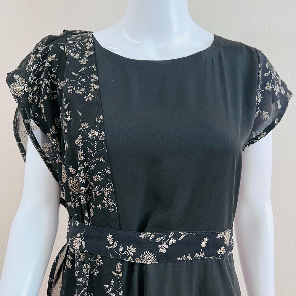 Straight black ethnic dress with attached belt and dupatta
